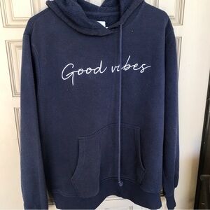 Good Vibes Hoody Kangaroo Pocket Navy SzL Drawstring Pullover Banded Cuffs/Hem